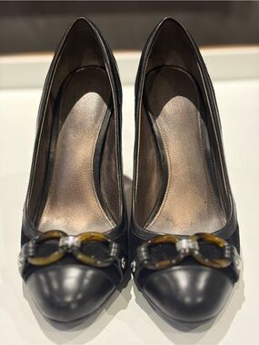 Coach Black Leather Pointed Toe Pumps with Chain Accent